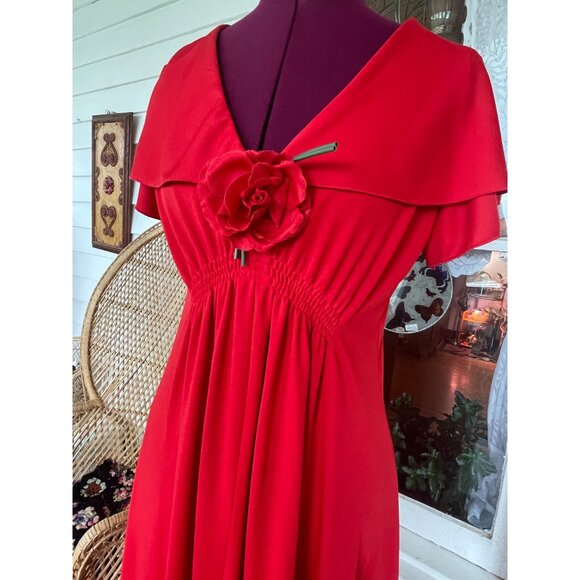 Vintage 1970s Red Maxi Dress Butterfly wing sleeves attached Rose - Picture 11 of 15